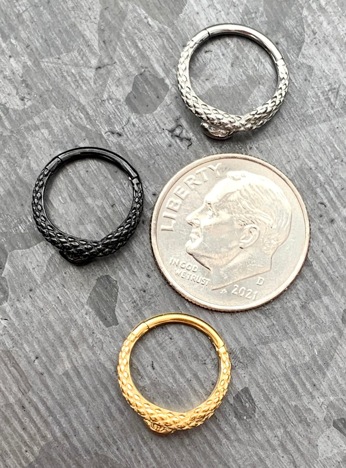 1 Piece Unique Coiled Snake Steel Hinged Segment Ring - 16g - 8mm or 10mm internal diameter - Black, Silver and Gold available!
