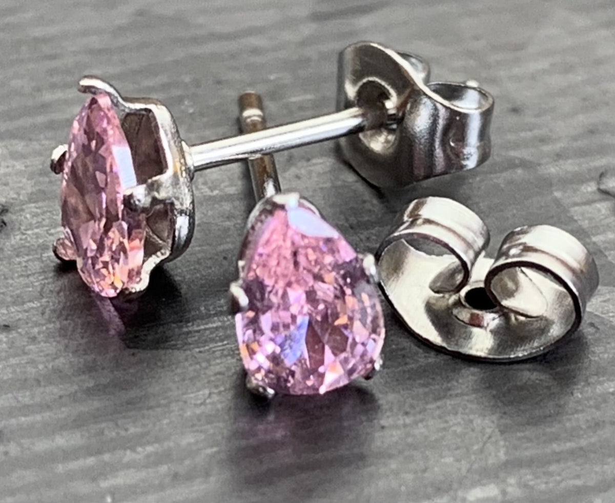 PAIR of Dazzling Hypoallergenic Pink CZ Gem Teardrop Stud Earrings - 3mm, 4mm, 5mm, 6mm & 7mm Gem Size Available!