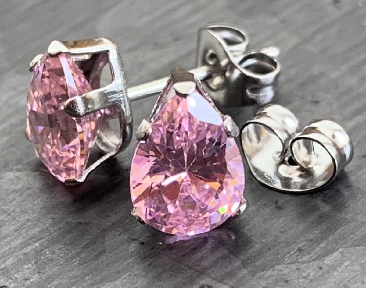 PAIR of Dazzling Hypoallergenic Pink CZ Gem Teardrop Stud Earrings - 3mm, 4mm, 5mm, 6mm & 7mm Gem Size Available!
