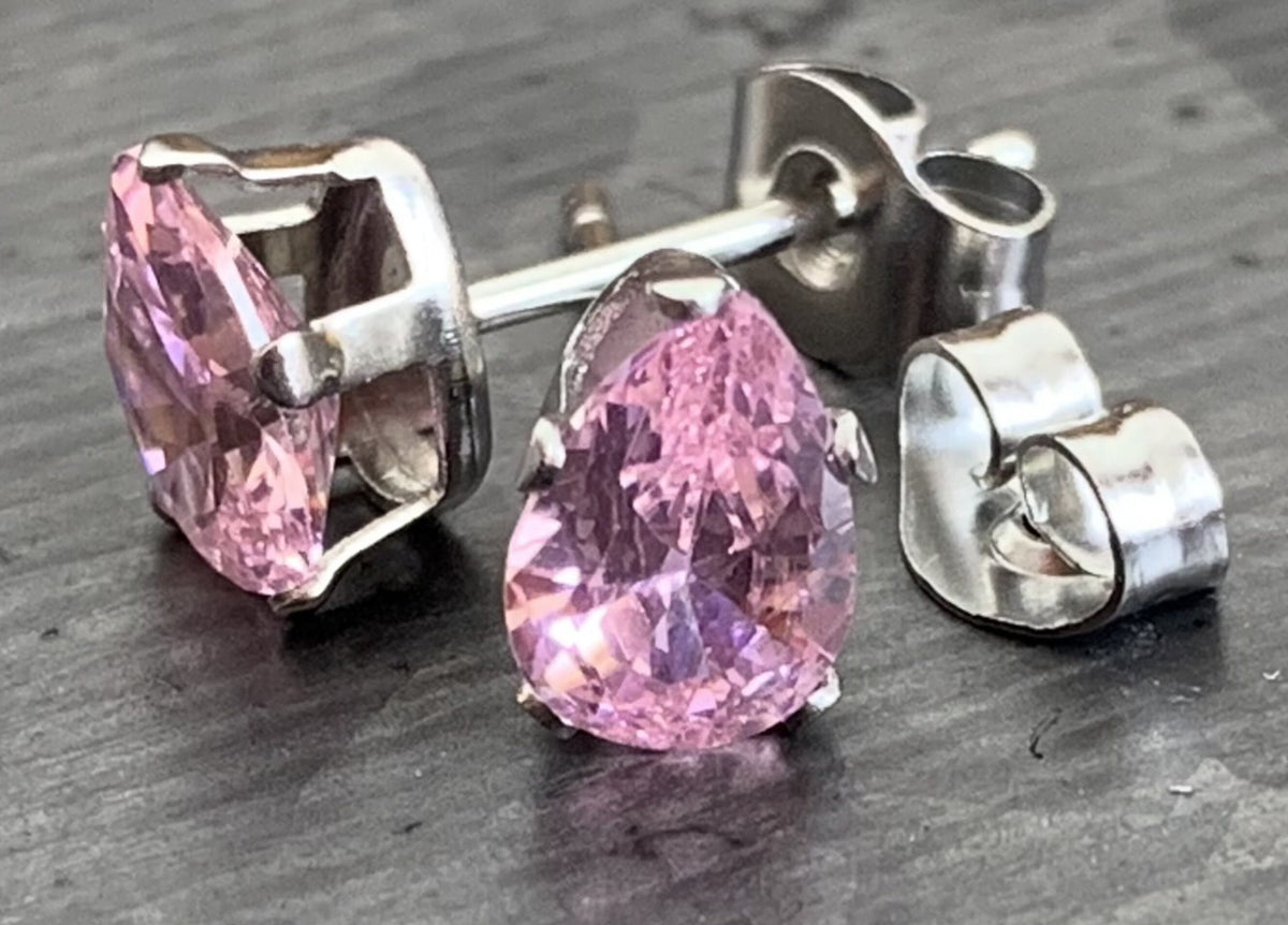 PAIR of Dazzling Hypoallergenic Pink CZ Gem Teardrop Stud Earrings - 3mm, 4mm, 5mm, 6mm & 7mm Gem Size Available!