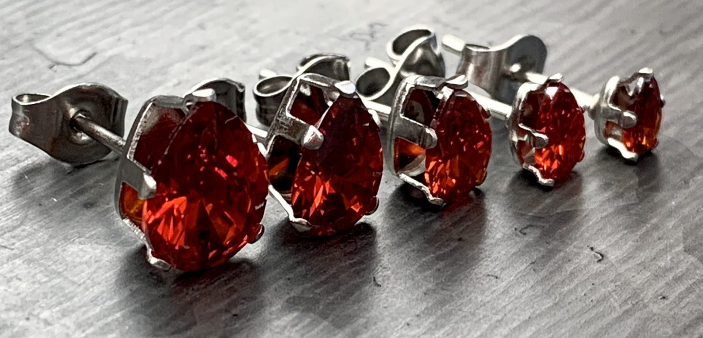 PAIR of Stunning Hypoallergenic Red CZ Gem Teardrop Stud Earrings - 3mm, 4mm, 5mm, 6mm & 7mm Gem Size Available!