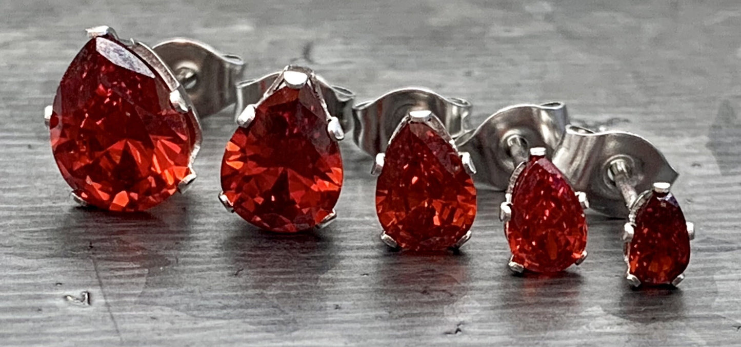 PAIR of Stunning Hypoallergenic Red CZ Gem Teardrop Stud Earrings - 3mm, 4mm, 5mm, 6mm & 7mm Gem Size Available!