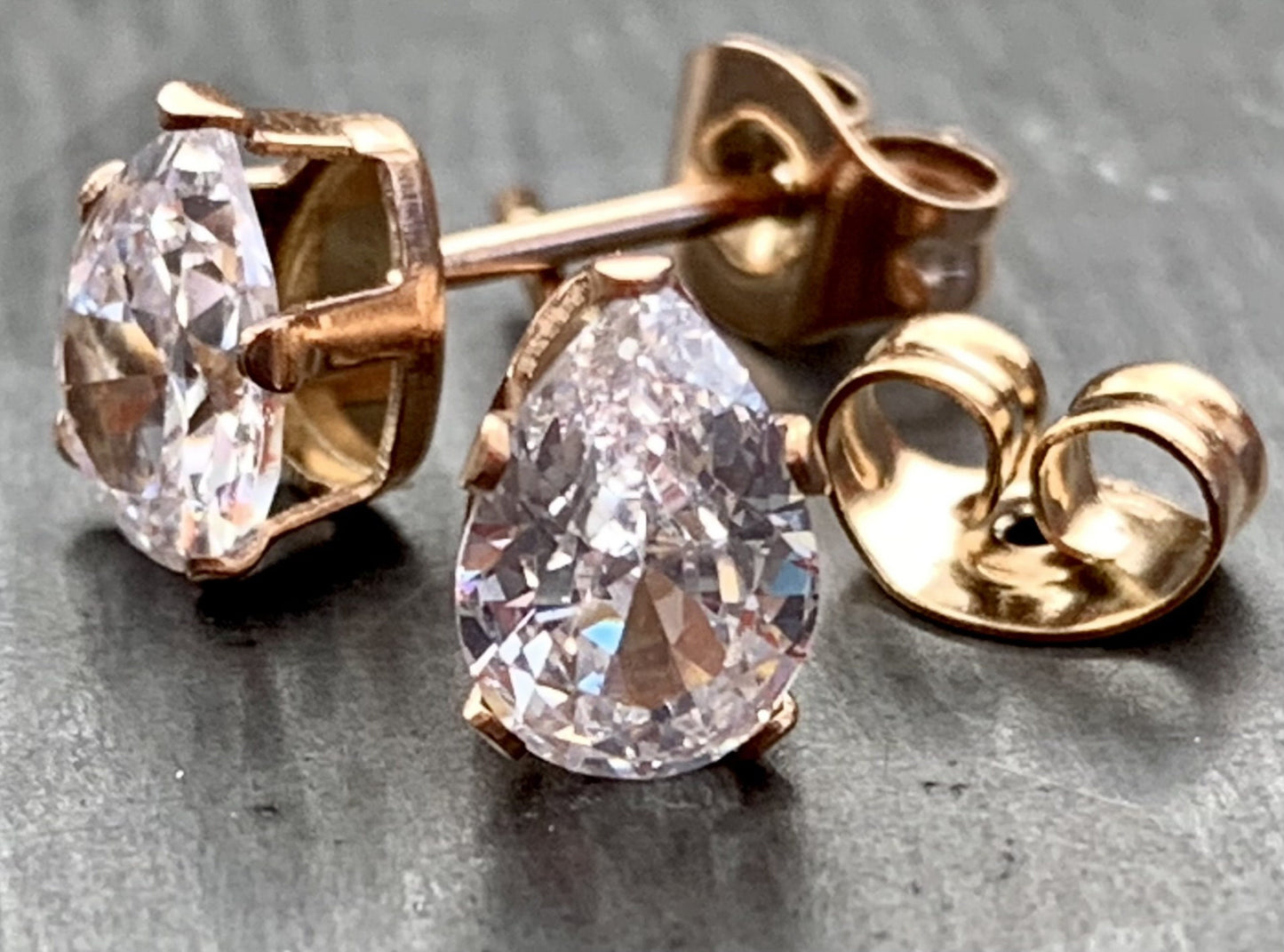 PAIR of Beautiful Hypoallergenic Clear CZ Gem Teardrop Rose Gold Stud Earrings - 3mm, 4mm, 5mm, 6mm & 7mm Gem Size Available!