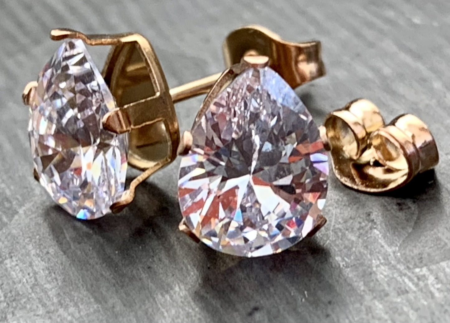 PAIR of Beautiful Hypoallergenic Clear CZ Gem Teardrop Rose Gold Stud Earrings - 3mm, 4mm, 5mm, 6mm & 7mm Gem Size Available!