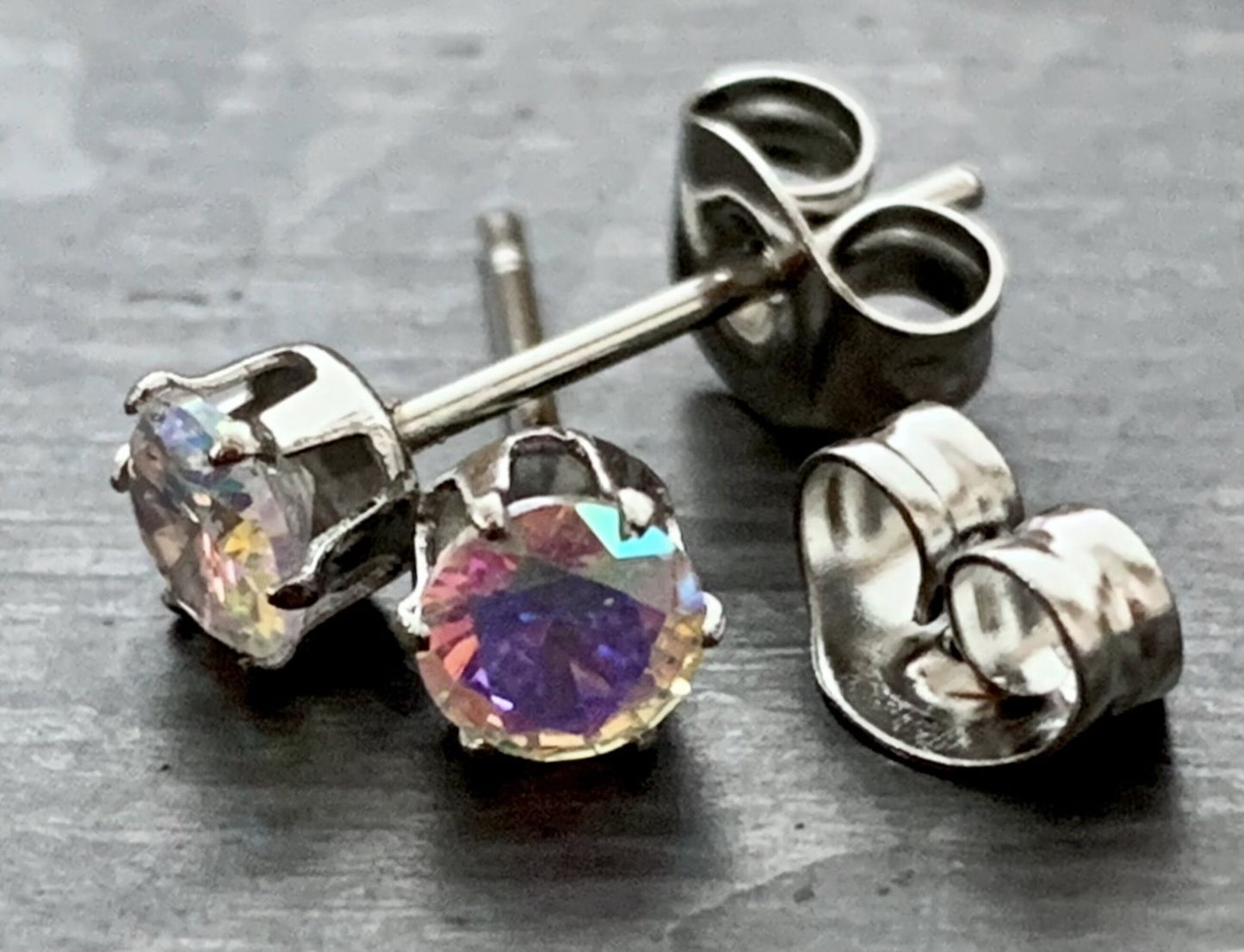 PAIR of Beautiful Hypoallergenic Prong Set Aurora Borealis CZ Gem 316L Surgical Steel Stud Earrings - 3mm thru 7mm Available!