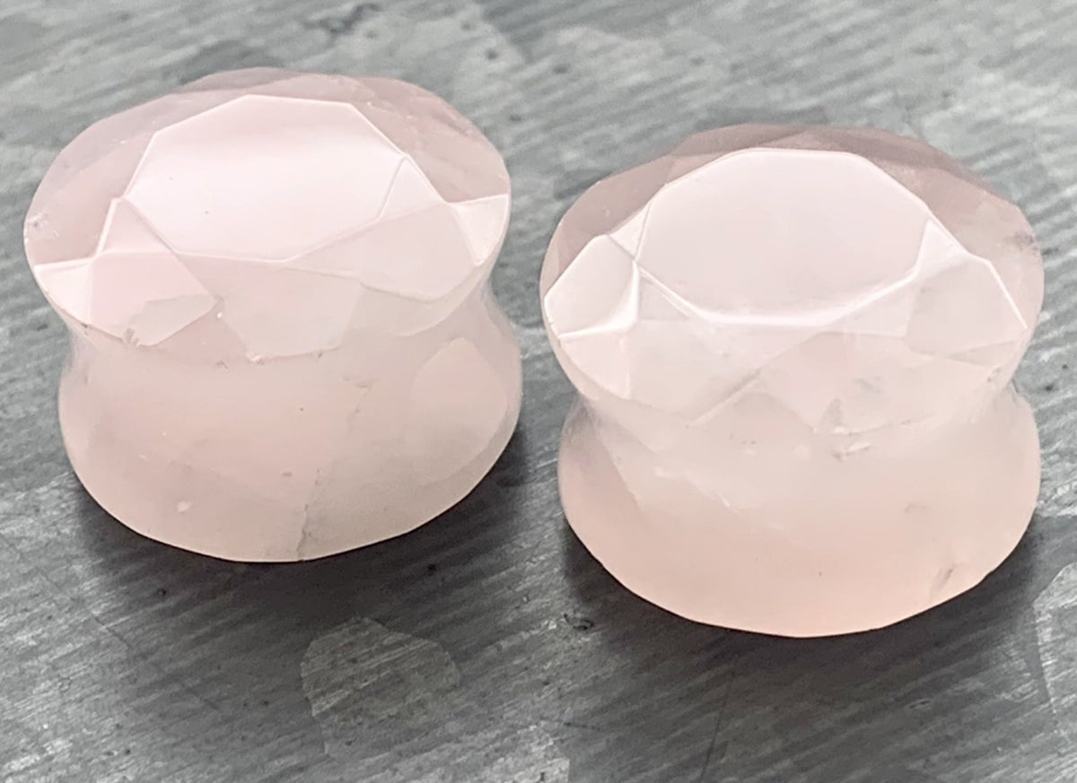 PAIR of Beautiful Faceted Organic Rose Quartz Stone Double Flare Plugs - Gauges 4g (5mm) through 5/8" (16mm) available!