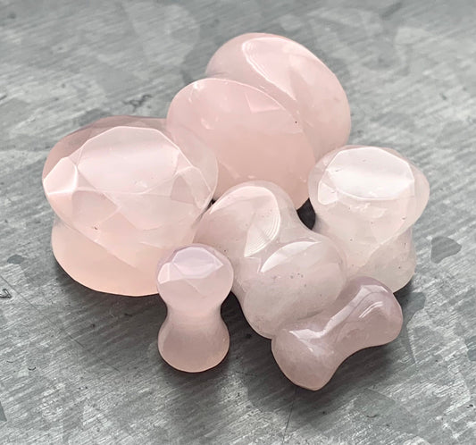 PAIR of Beautiful Faceted Organic Rose Quartz Stone Double Flare Plugs - Gauges 4g (5mm) through 5/8" (16mm) available!