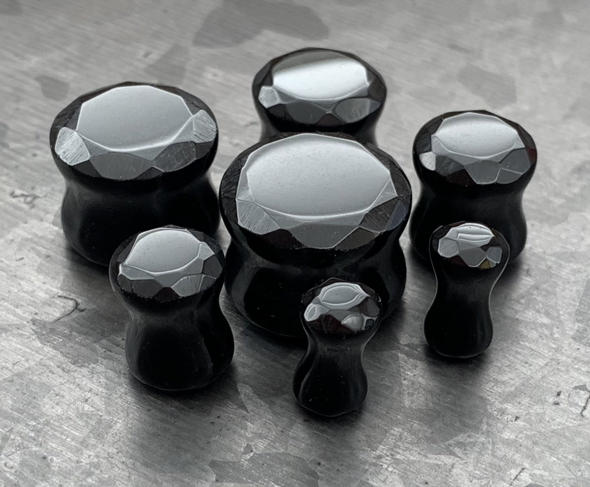 PAIR of Unique Faceted Organic Black Agate Stone Double Flare Plugs - Gauges 4g (5mm) through 5/8" (16mm) available!