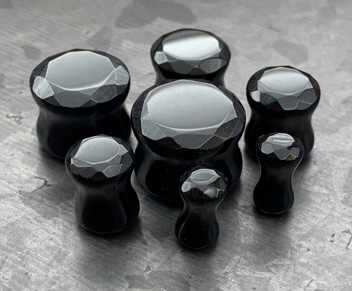 PAIR of Unique Faceted Organic Black Agate Stone Double Flare Plugs - Gauges 4g (5mm) through 5/8" (16mm) available!