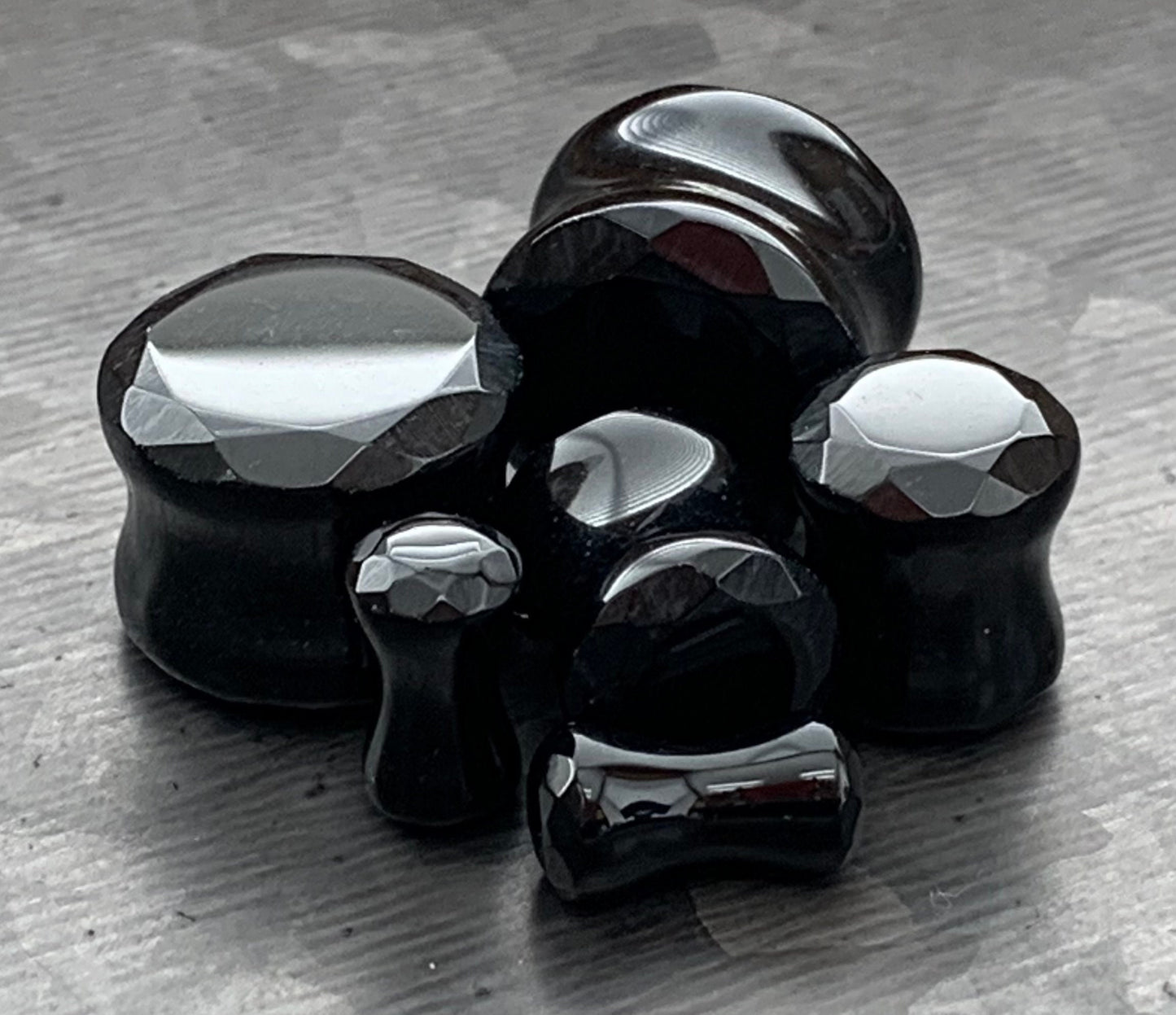 PAIR of Unique Faceted Organic Black Agate Stone Double Flare Plugs - Gauges 4g (5mm) through 5/8" (16mm) available!