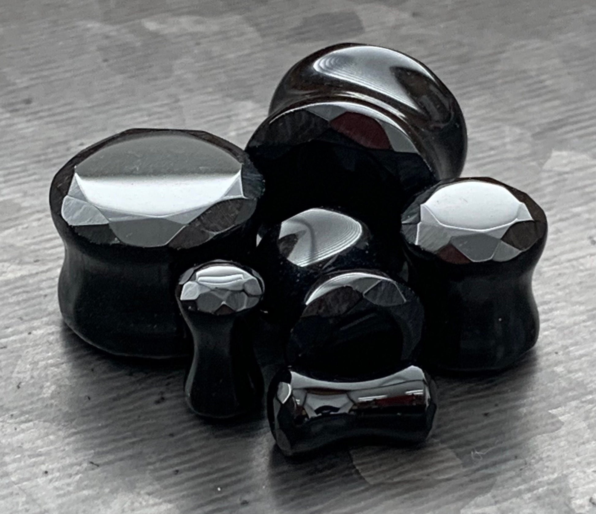 PAIR of Unique Faceted Organic Black Agate Stone Double Flare Plugs - Gauges 4g (5mm) through 5/8" (16mm) available!