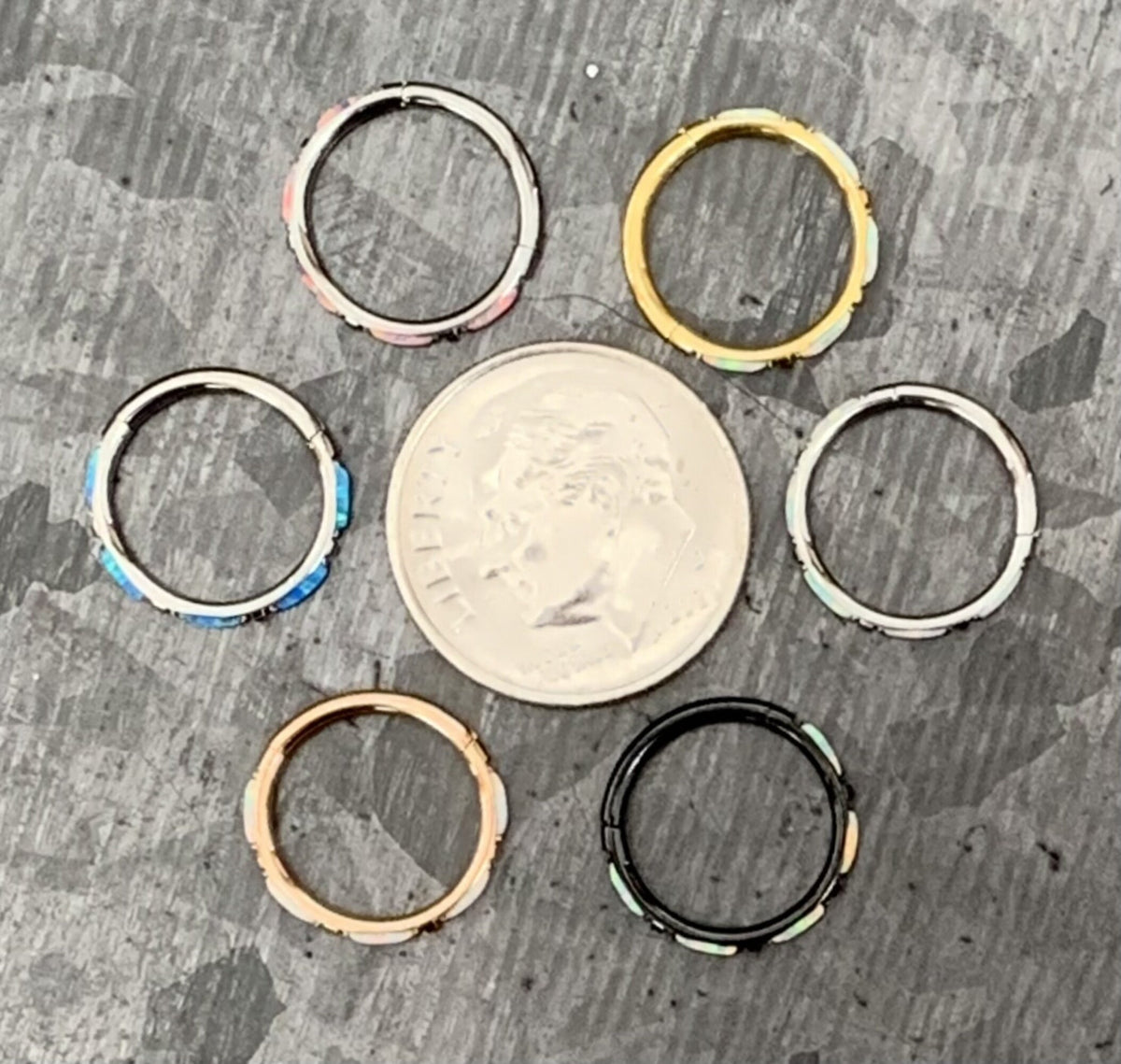 1 Piece Implant Grade Titanium Baguette Opal Sides Hinged Segment Septum Ring - 16g - 10mm, 8mm ~ White, Pink and Blue Available!