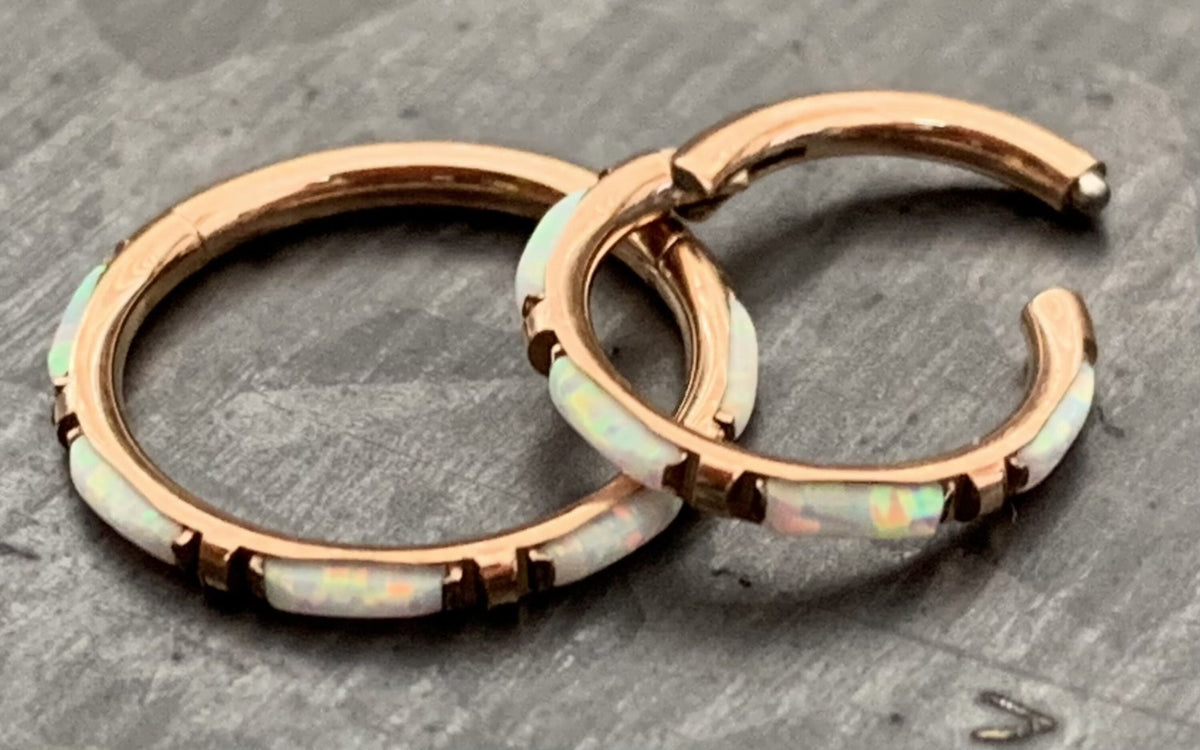 1 Piece Implant Grade Titanium Baguette Opal Sides Hinged Segment Septum Ring - 16g - 10mm, 8mm ~ White, Pink and Blue Available!