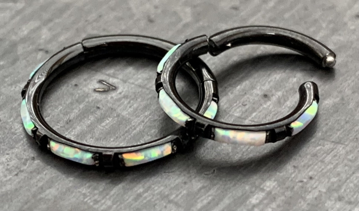 1 Piece Implant Grade Titanium Baguette Opal Sides Hinged Segment Septum Ring - 16g - 10mm, 8mm ~ White, Pink and Blue Available!
