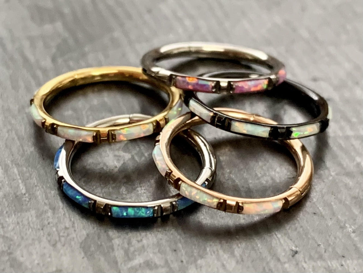 1 Piece Implant Grade Titanium Baguette Opal Sides Hinged Segment Septum Ring - 16g - 10mm, 8mm ~ White, Pink and Blue Available!