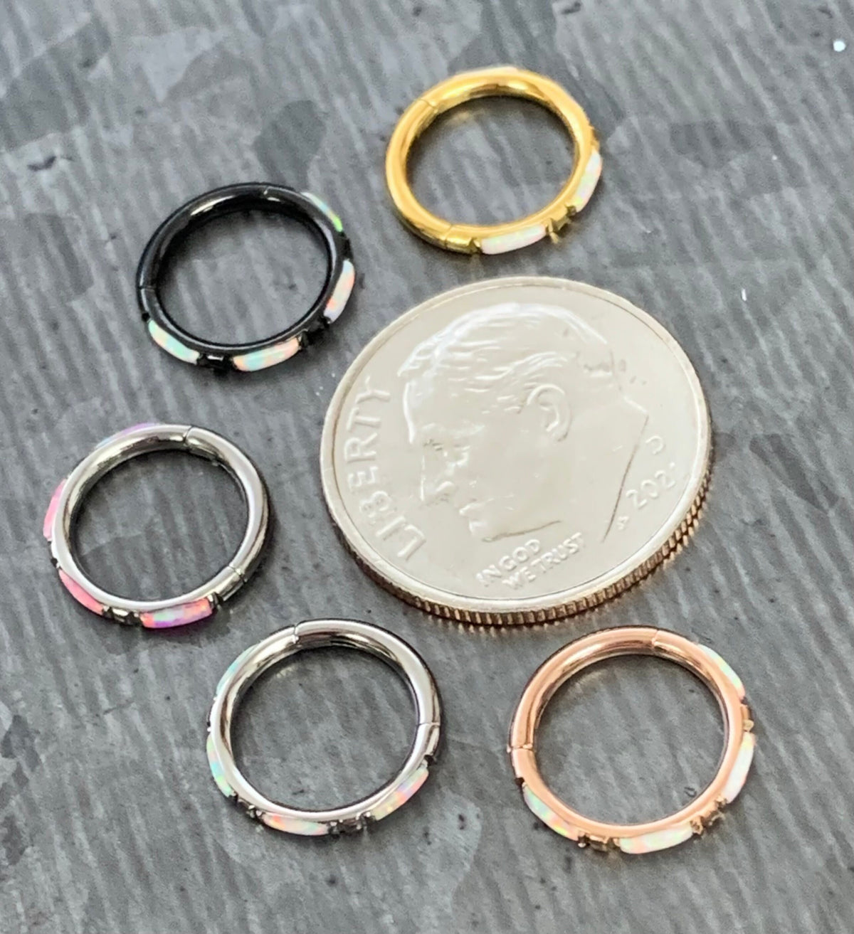 1 Piece Implant Grade Titanium Baguette Opal Sides Hinged Segment Septum Ring - 16g - 10mm, 8mm ~ White, Pink and Blue Available!