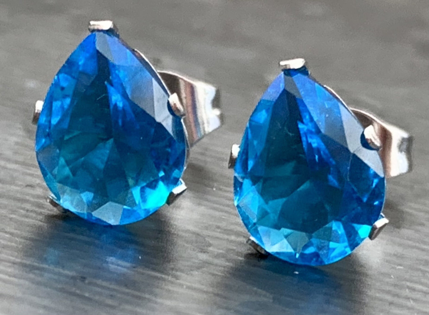 PAIR of Stunning Hypoallergenic Aqua CZ Gem Teardrop Stud Earrings - 3mm, 4mm, 5mm, 6mm & 7mm Gem Size Available!