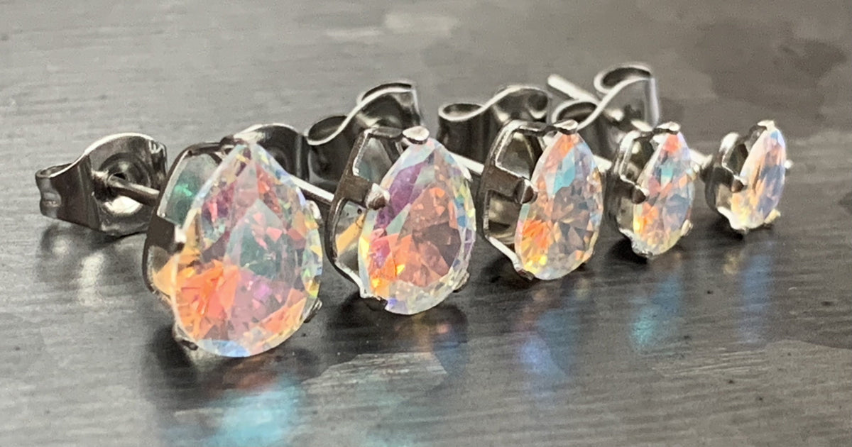 PAIR of Dazzling Hypoallergenic Aurora Borealis CZ Gem Teardrop Stud Earrings - 3mm, 4mm, 5mm, 6mm & 7mm Gem Size Available!