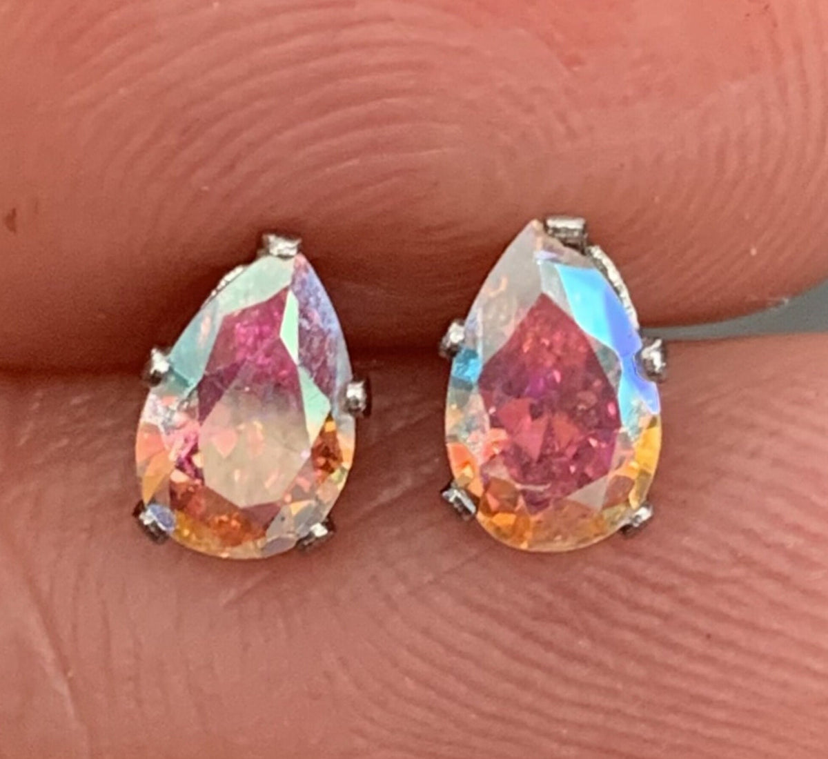 PAIR of Dazzling Hypoallergenic Aurora Borealis CZ Gem Teardrop Stud Earrings - 3mm, 4mm, 5mm, 6mm & 7mm Gem Size Available!