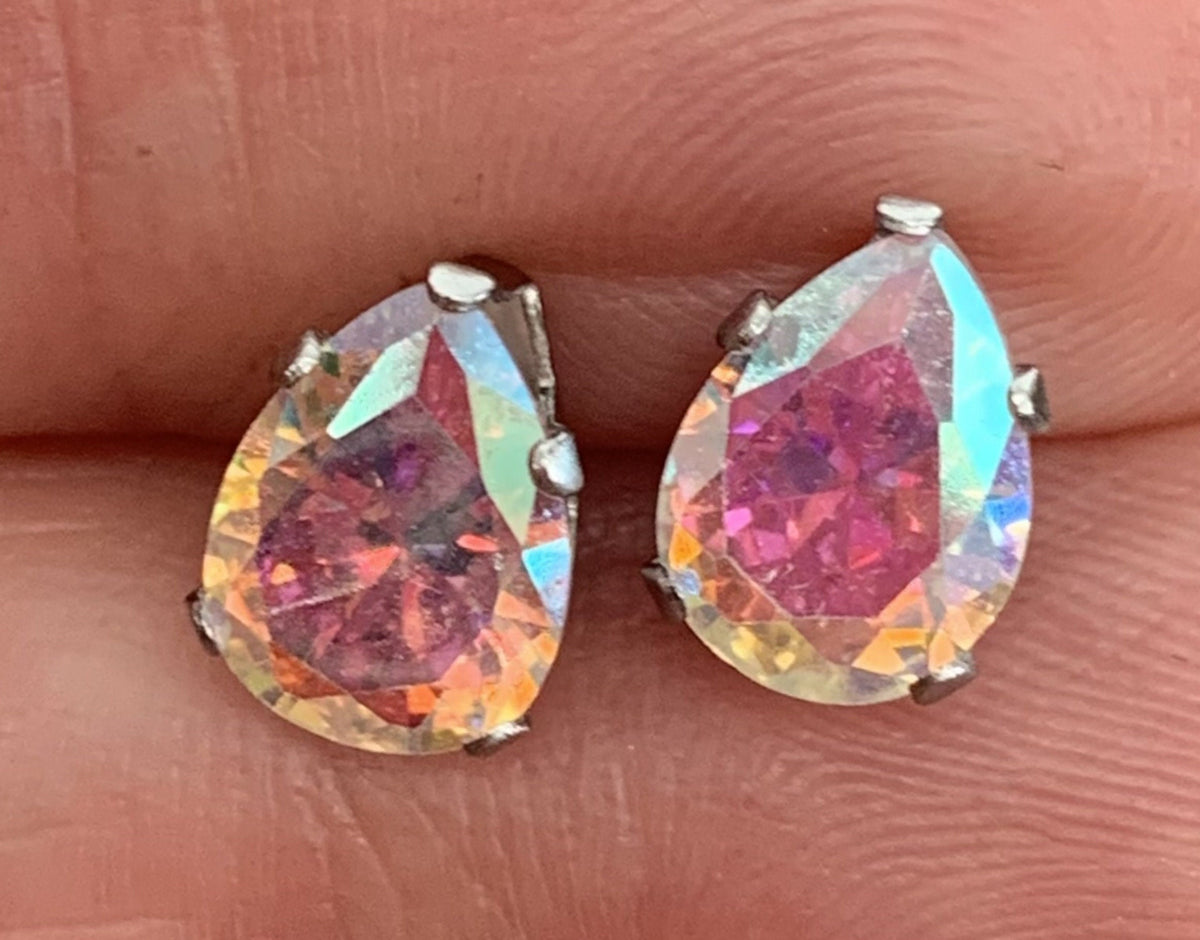 PAIR of Dazzling Hypoallergenic Aurora Borealis CZ Gem Teardrop Stud Earrings - 3mm, 4mm, 5mm, 6mm & 7mm Gem Size Available!