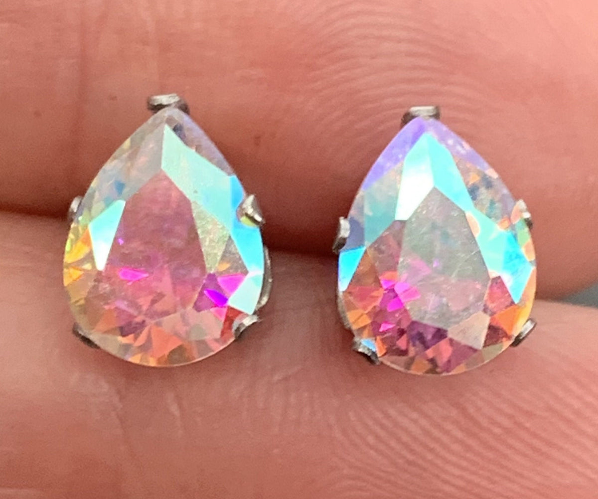 PAIR of Dazzling Hypoallergenic Aurora Borealis CZ Gem Teardrop Stud Earrings - 3mm, 4mm, 5mm, 6mm & 7mm Gem Size Available!