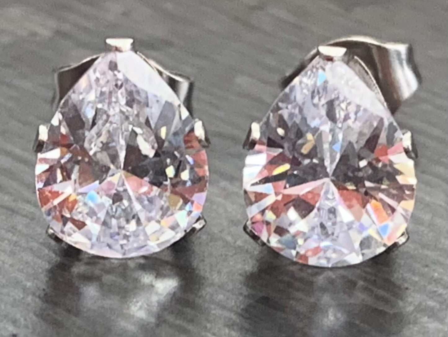 PAIR of Beautiful Hypoallergenic Clear CZ Gem Teardrop Stud Earrings - 3mm, 4mm, 5mm, 6mm & 7mm Gem Size Available!