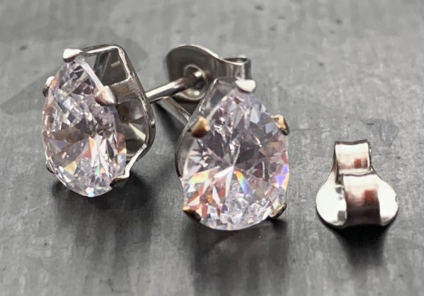 PAIR of Beautiful Hypoallergenic Clear CZ Gem Teardrop Stud Earrings - 3mm, 4mm, 5mm, 6mm & 7mm Gem Size Available!