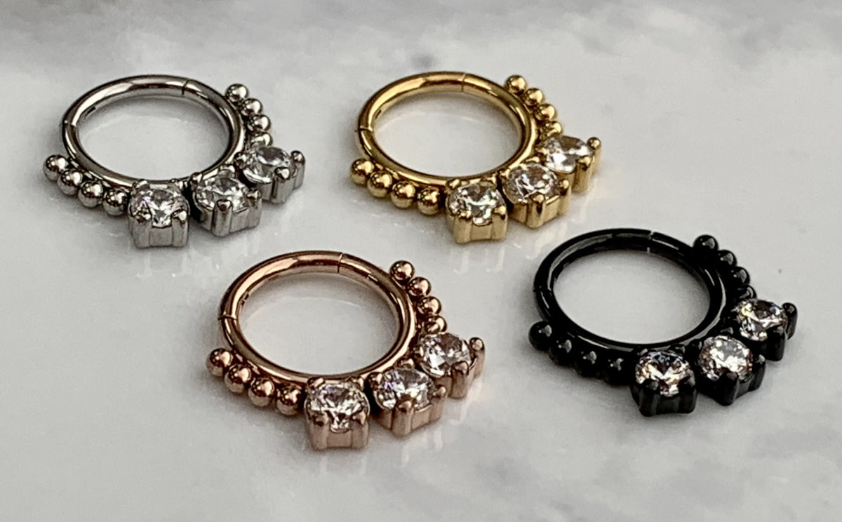 1 Piece of Brilliant CZ Gem & Beads Hinged Steel Segment Ring - 16g, 8mm Internal Diameter!