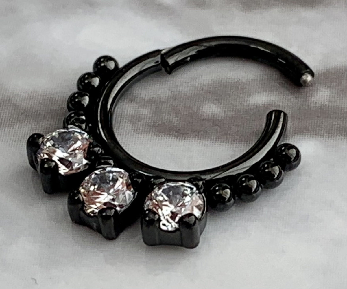 1 Piece of Brilliant CZ Gem & Beads Hinged Steel Segment Ring - 16g, 8mm Internal Diameter!