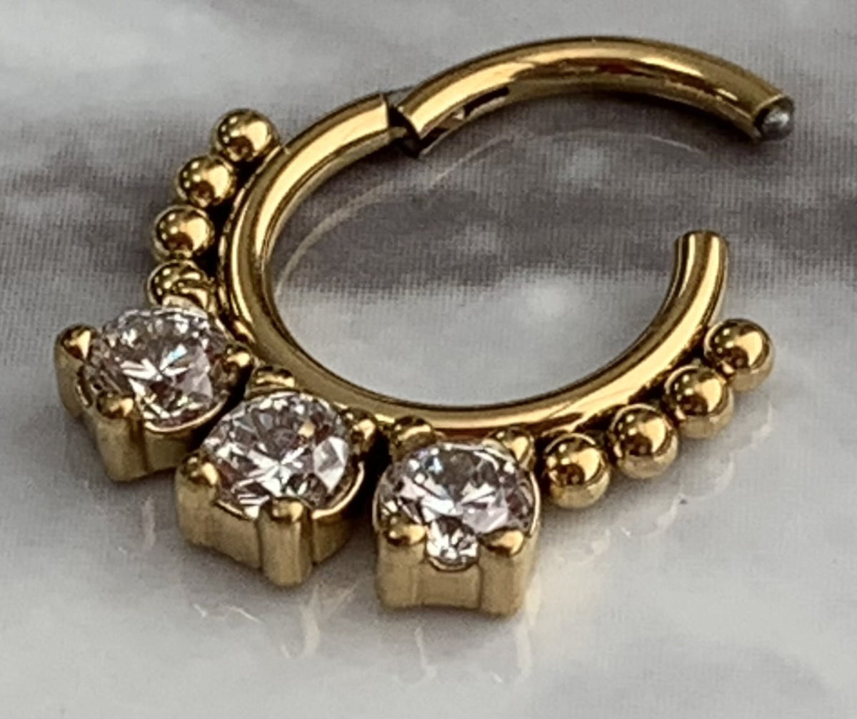 1 Piece of Brilliant CZ Gem & Beads Hinged Steel Segment Ring - 16g, 8mm Internal Diameter!