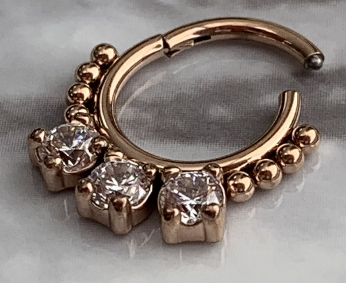 1 Piece of Brilliant CZ Gem & Beads Hinged Steel Segment Ring - 16g, 8mm Internal Diameter!