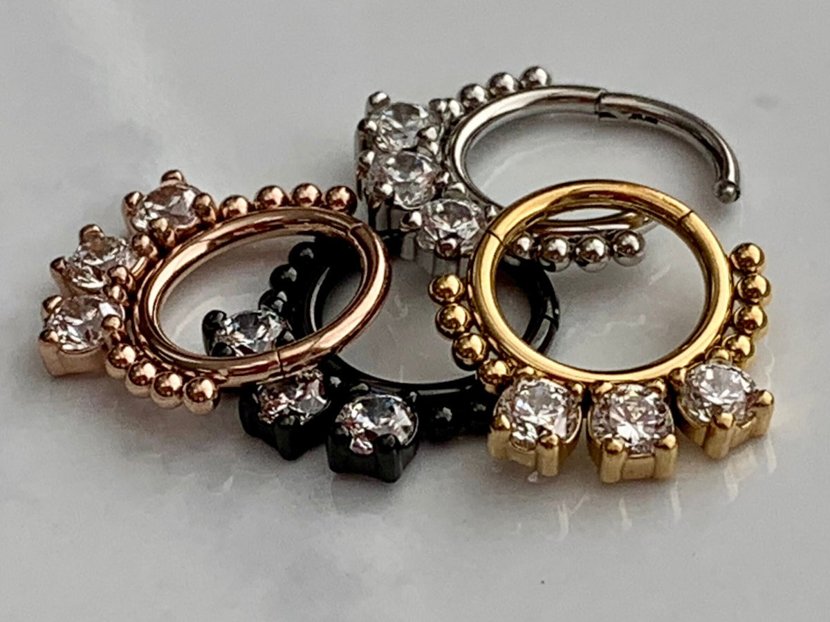 1 Piece of Brilliant CZ Gem & Beads Hinged Steel Segment Ring - 16g, 8mm Internal Diameter!