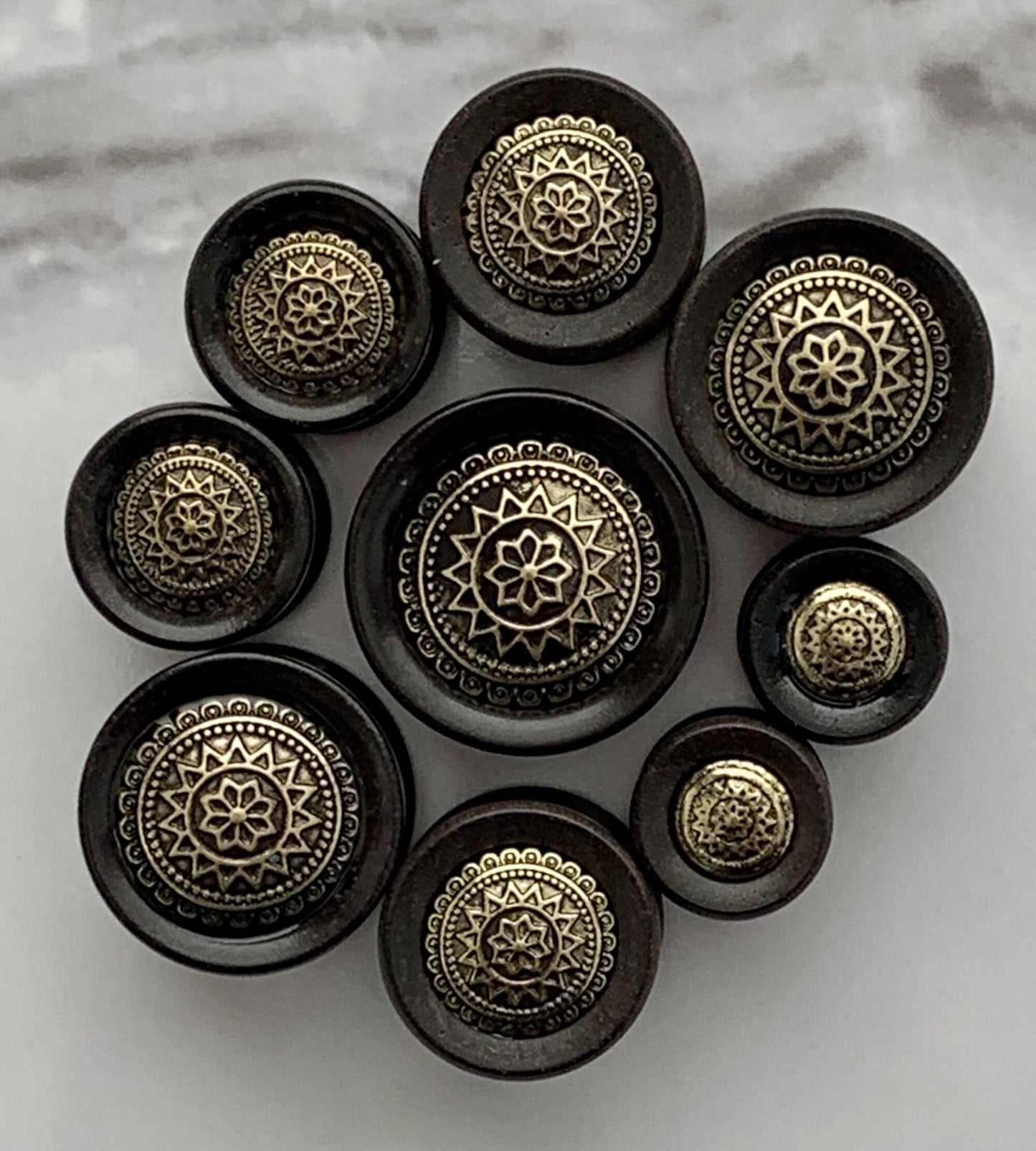 PAIR of Stunning Antique Gold Tribal Sun Shield Organic Ebony Wood Saddle Plugs - Gauges 0g (8mm) up to 5/8" (16mm) available!