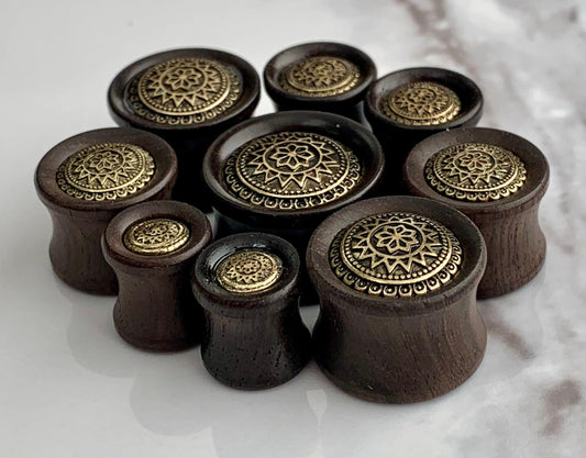 PAIR of Stunning Antique Gold Tribal Sun Shield Organic Ebony Wood Saddle Plugs - Gauges 0g (8mm) up to 5/8" (16mm) available!