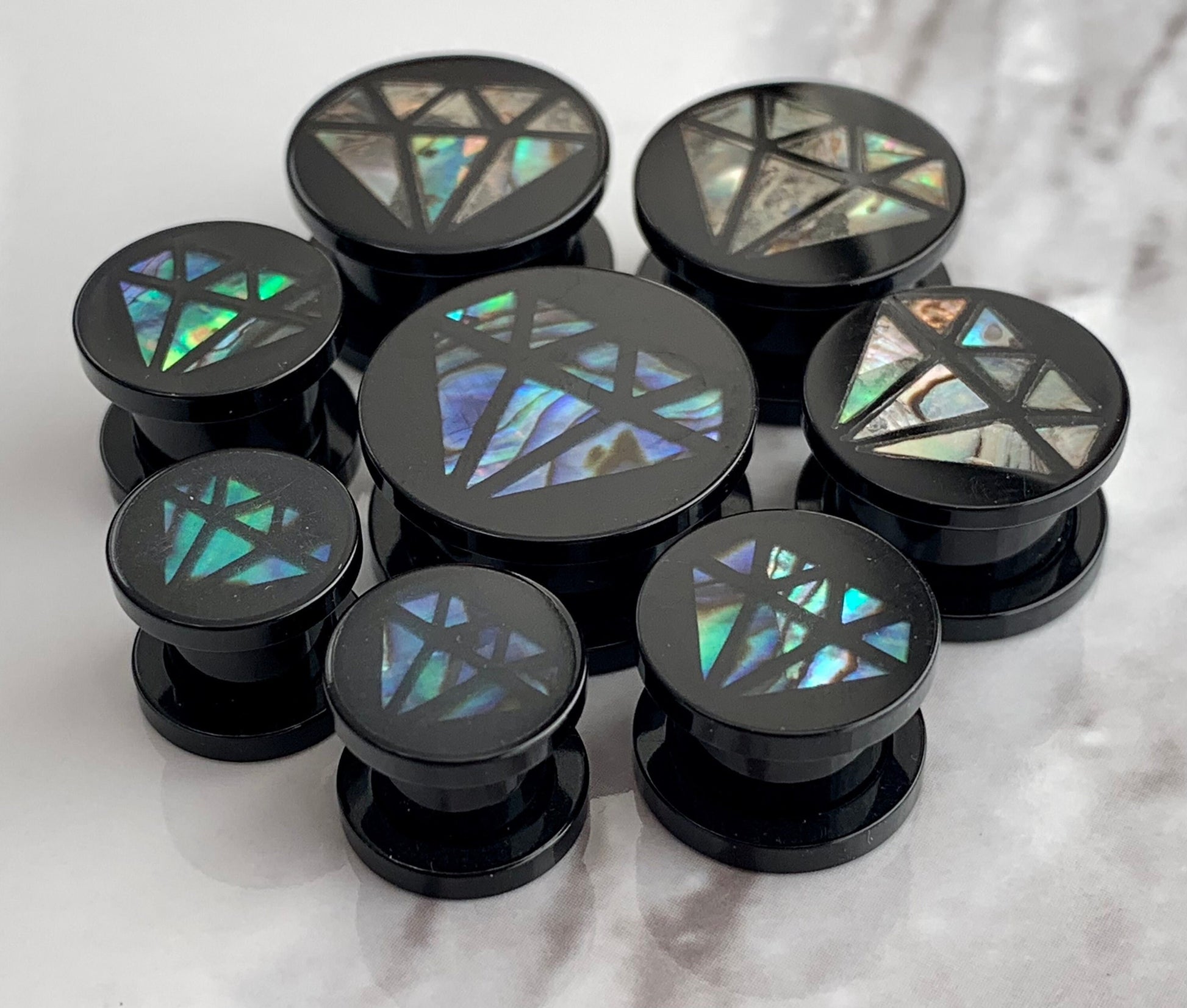 PAIR of Unique Diamond-Shaped Abalone Inlay Acrylic Screw Fit Plugs - Gauges 0g (8mm) thru 5/8" (16mm) available!