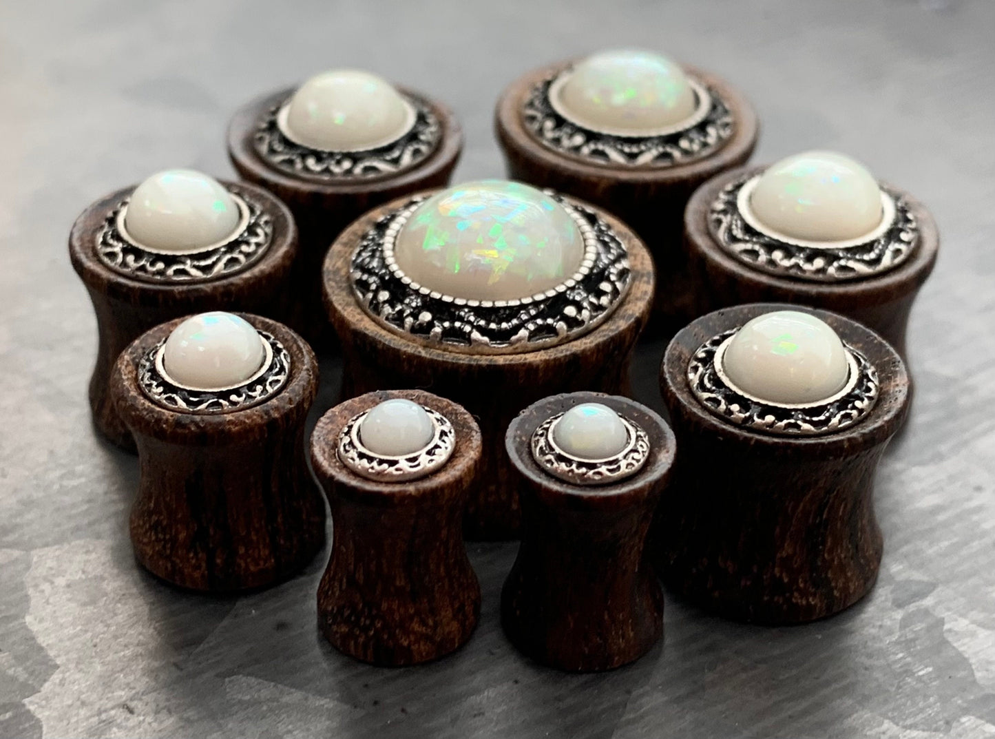 PAIR of Beautiful Synthetic Opal with Tribal Pattern Sono Wood Saddle Plugs - Gauges 2g (6mm) thru 5/8" (16mm) Available!