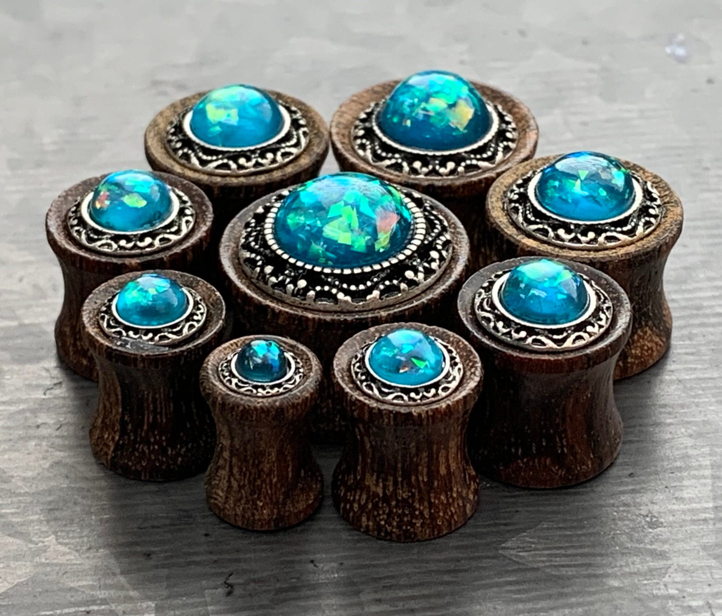 PAIR of Beautiful Synthetic Opal with Tribal Pattern Sono Wood Saddle Plugs - Gauges 2g (6mm) thru 5/8" (16mm) Available!