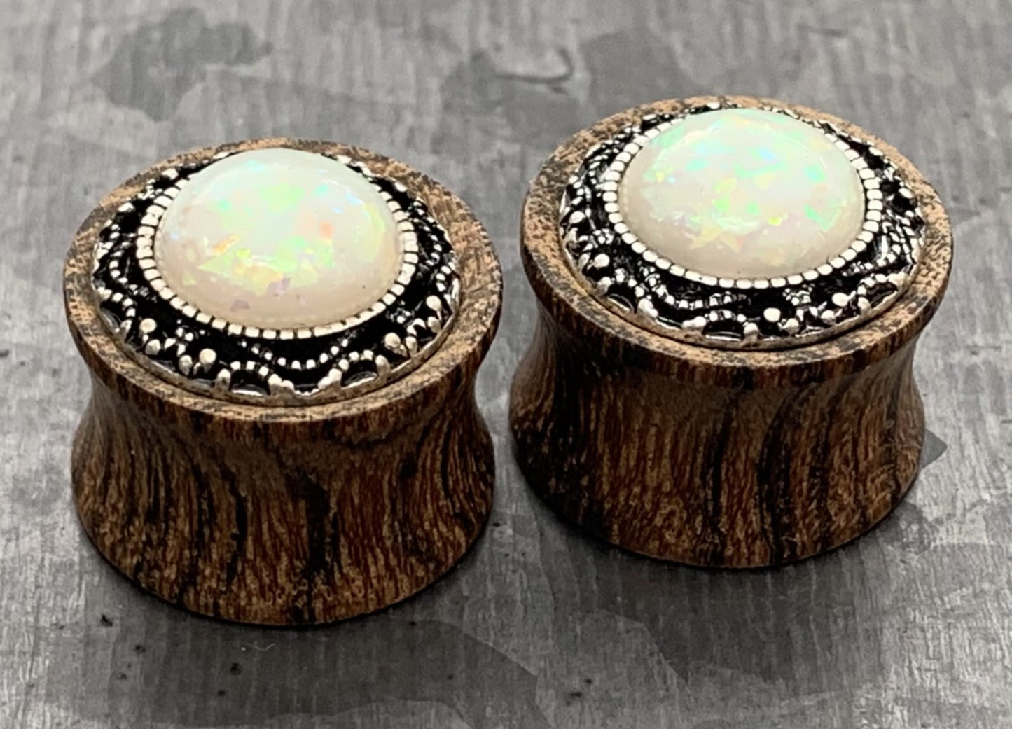 PAIR of Beautiful Synthetic Opal with Tribal Pattern Sono Wood Saddle Plugs - Gauges 2g (6mm) thru 5/8" (16mm) Available!