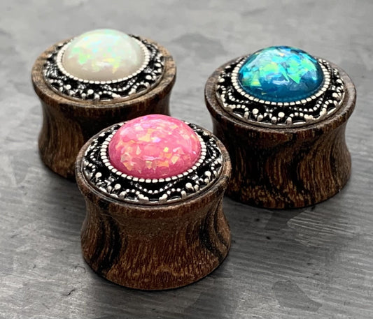 PAIR of Beautiful Synthetic Opal with Tribal Pattern Sono Wood Saddle Plugs - Gauges 2g (6mm) thru 5/8" (16mm) Available!