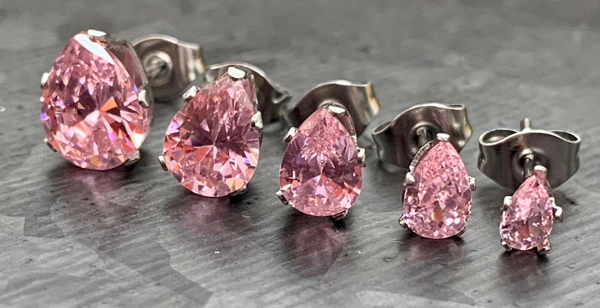 PAIR of Dazzling Hypoallergenic Pink CZ Gem Teardrop Stud Earrings - 3mm, 4mm, 5mm, 6mm & 7mm Gem Size Available!