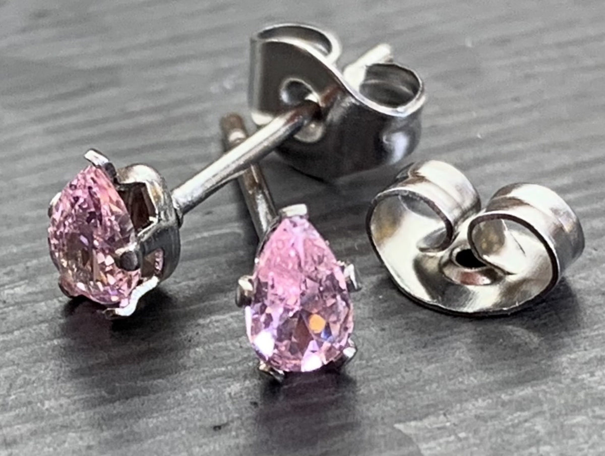 PAIR of Dazzling Hypoallergenic Pink CZ Gem Teardrop Stud Earrings - 3mm, 4mm, 5mm, 6mm & 7mm Gem Size Available!