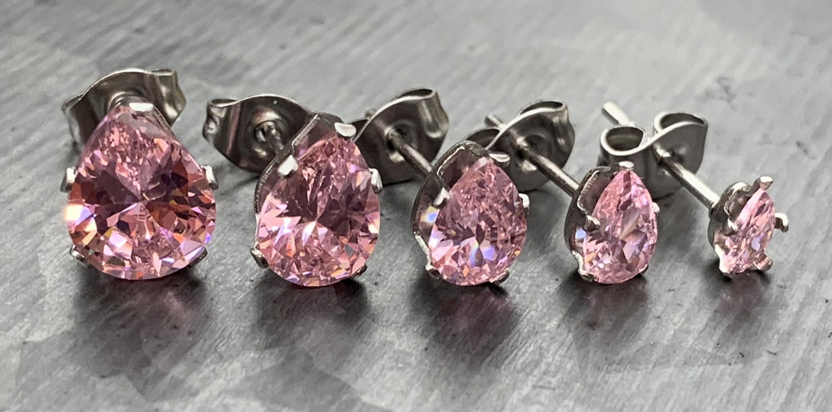 PAIR of Dazzling Hypoallergenic Pink CZ Gem Teardrop Stud Earrings - 3mm, 4mm, 5mm, 6mm & 7mm Gem Size Available!