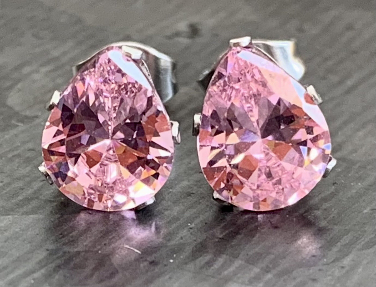 PAIR of Dazzling Hypoallergenic Pink CZ Gem Teardrop Stud Earrings - 3mm, 4mm, 5mm, 6mm & 7mm Gem Size Available!