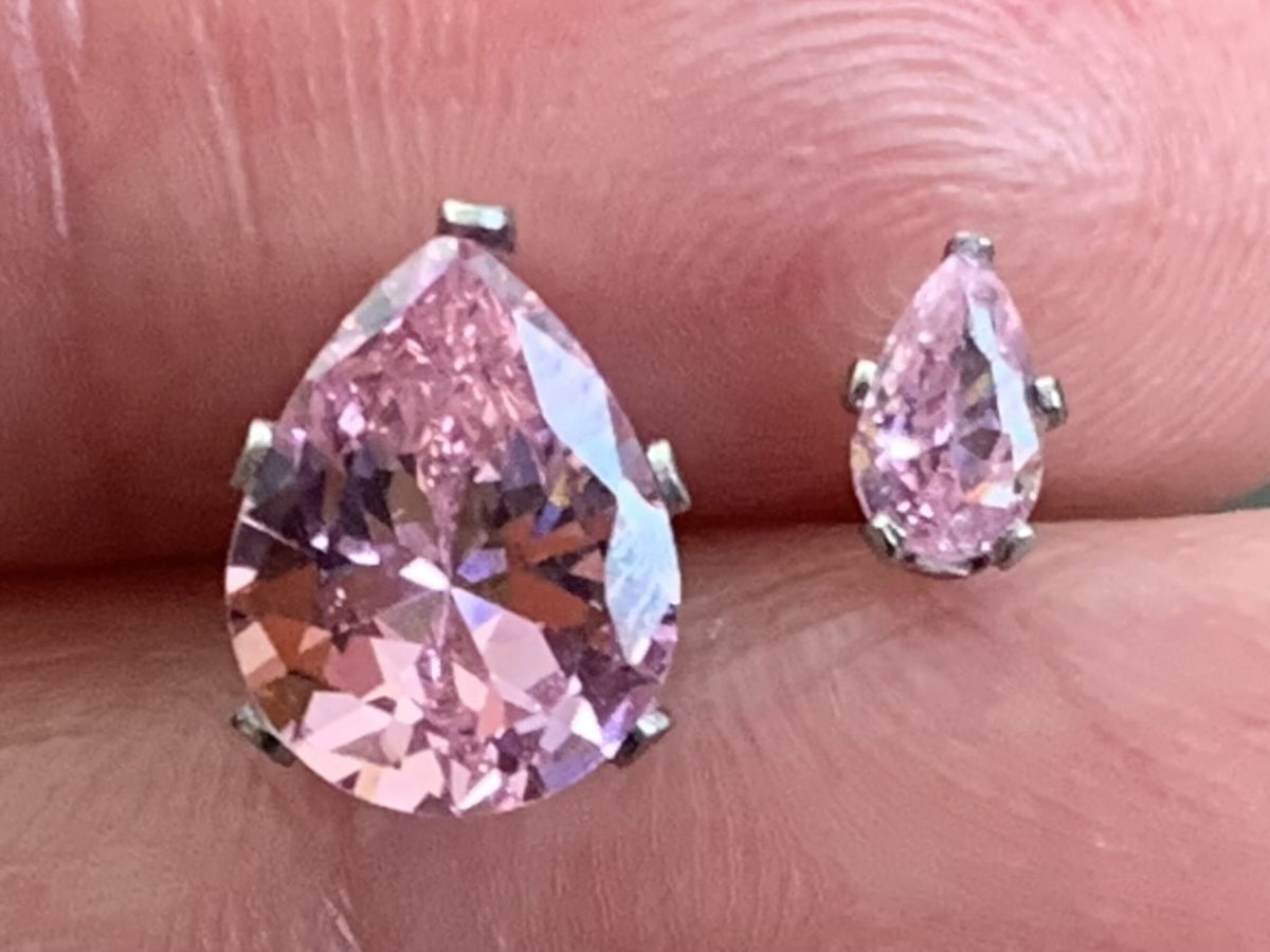 PAIR of Dazzling Hypoallergenic Pink CZ Gem Teardrop Stud Earrings - 3mm, 4mm, 5mm, 6mm & 7mm Gem Size Available!