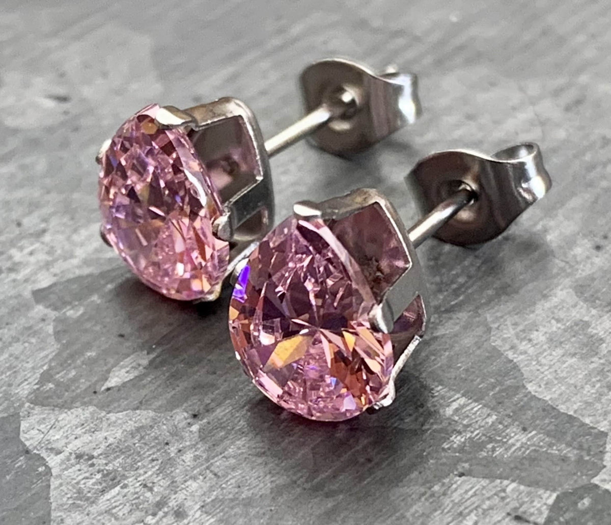 PAIR of Dazzling Hypoallergenic Pink CZ Gem Teardrop Stud Earrings - 3mm, 4mm, 5mm, 6mm & 7mm Gem Size Available!