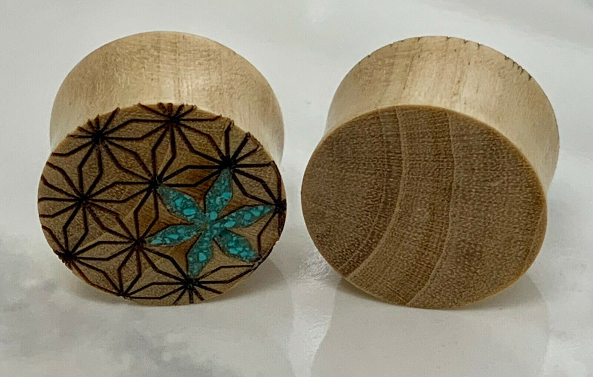 PAIR of Unique Crushed Turquoise Flower of Life Blonde Crocodile Wood Saddle Plugs - Gauges 0g (8mm) up to 7/8" (22mm) available!