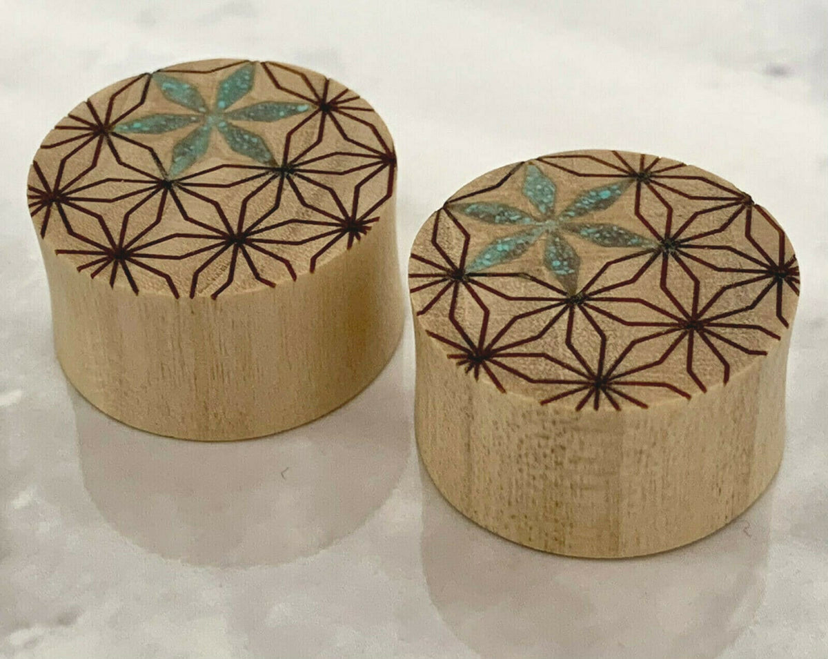PAIR of Unique Crushed Turquoise Flower of Life Blonde Crocodile Wood Saddle Plugs - Gauges 0g (8mm) up to 7/8" (22mm) available!