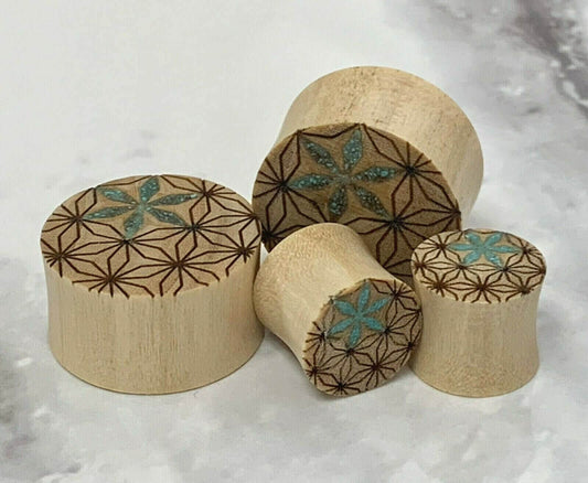 PAIR of Unique Crushed Turquoise Flower of Life Blonde Crocodile Wood Saddle Plugs - Gauges 0g (8mm) up to 7/8" (22mm) available!