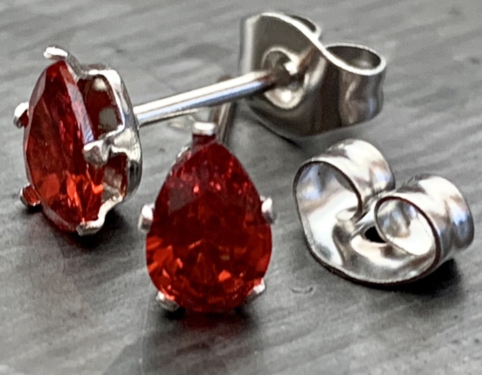 PAIR of Stunning Hypoallergenic Red CZ Gem Teardrop Stud Earrings - 3mm, 4mm, 5mm, 6mm & 7mm Gem Size Available!