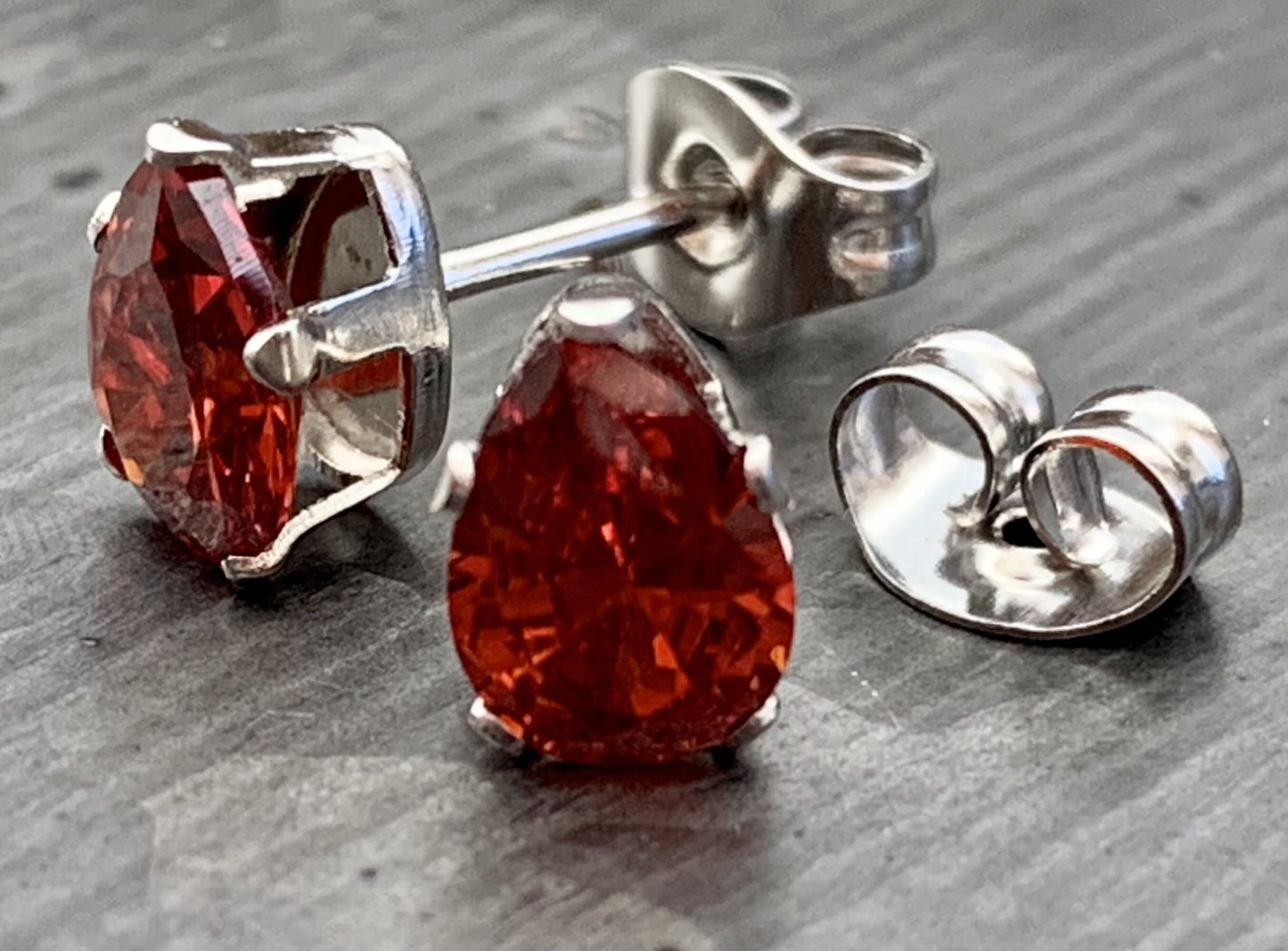 PAIR of Stunning Hypoallergenic Red CZ Gem Teardrop Stud Earrings - 3mm, 4mm, 5mm, 6mm & 7mm Gem Size Available!